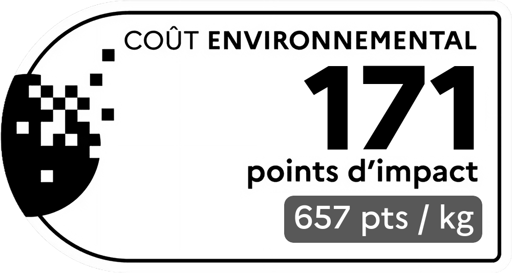 Coût environnemental : 171 points d'impact (détail : 657 pts / kg). Plus le score est bas, plus l'impact sur l'environnement est faible.