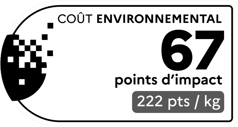 Coût environnemental : 1763 points d'impact (détail : 2712 pts / kg). Plus le score est bas, plus l'impact sur l'environnement est faible.