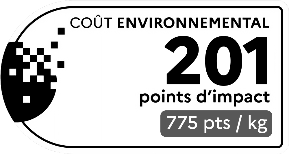 Coût environnemental : 201 points d'impact (détail : 775 pts / kg). Plus le score est bas, plus l'impact sur l'environnement est faible.