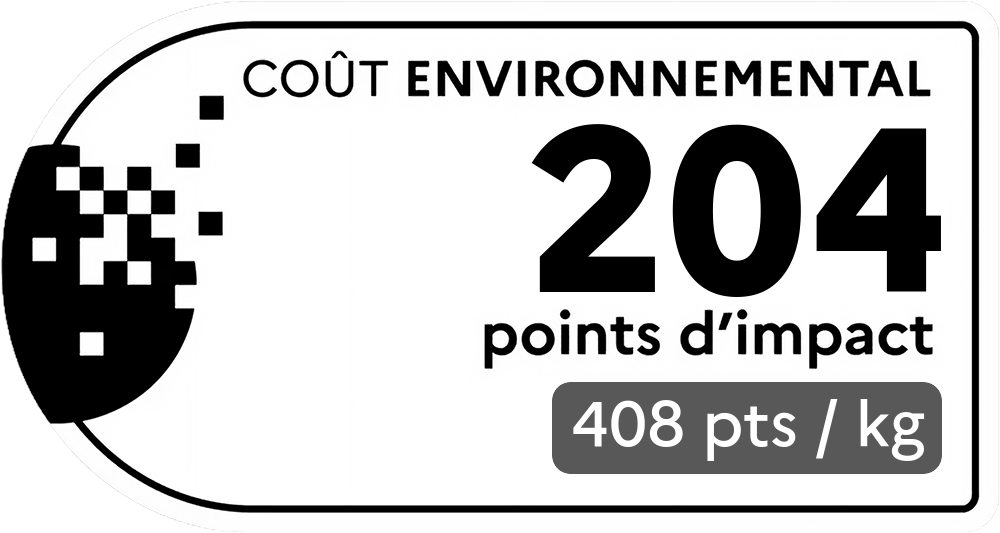 Coût environnemental : 204 points d'impact (détail : 408 pts / kg). Plus le score est bas, plus l'impact sur l'environnement est faible.