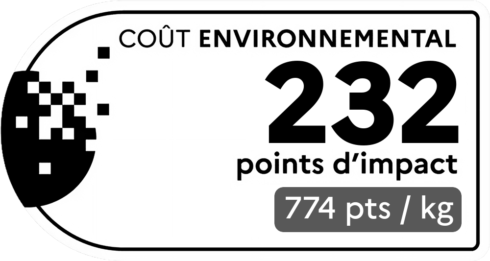 Coût environnemental : 232 points d'impact (détail : 774 pts / kg). Plus le score est bas, plus l'impact sur l'environnement est faible.