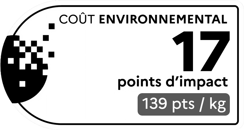 Coût environnemental : 270 points d'impact (détail : 674 pts / kg). Plus le score est bas, plus l'impact sur l'environnement est faible.
