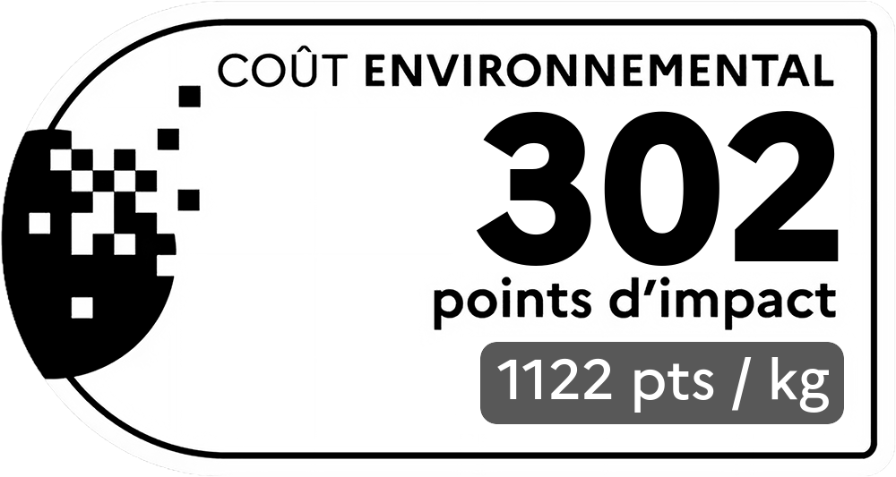 Coût environnemental : 302 points d'impact (détail : 1122 pts / kg). Plus le score est bas, plus l'impact sur l'environnement est faible.