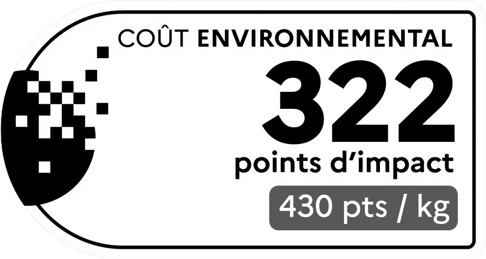 Coût environnemental : 322 points d'impact (détail : 430 pts / kg). Plus le score est bas, plus l'impact sur l'environnement est faible.