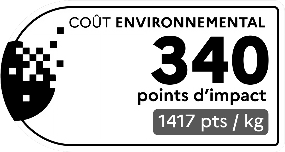 Coût environnemental : 340 points d'impact (détail : 1417 pts / kg). Plus le score est bas, plus l'impact sur l'environnement est faible.