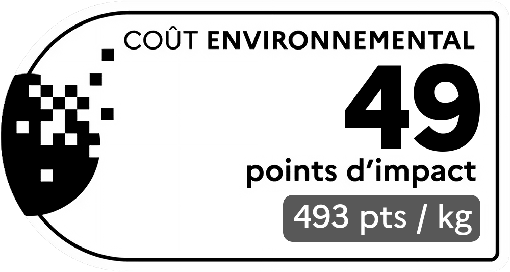 Coût environnemental : 340 points d'impact (détail : 453 pts / kg). Plus le score est bas, plus l'impact sur l'environnement est faible.