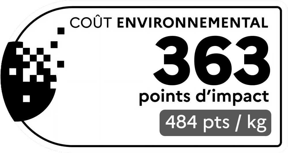 Coût environnemental : 363 points d'impact (détail : 484 pts / kg). Plus le score est bas, plus l'impact sur l'environnement est faible.