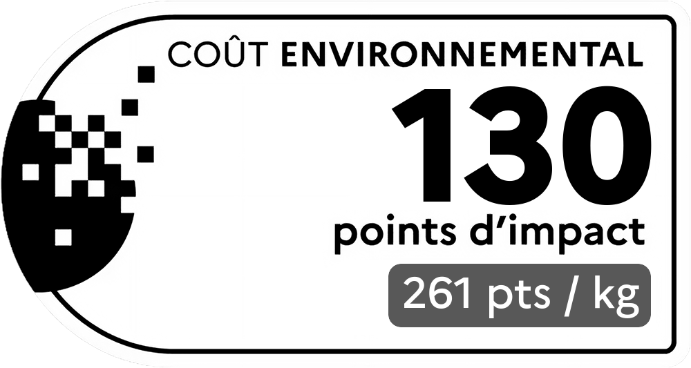 Coût environnemental : 38 points d'impact (détail : 418 pts / kg). Plus le score est bas, plus l'impact sur l'environnement est faible.