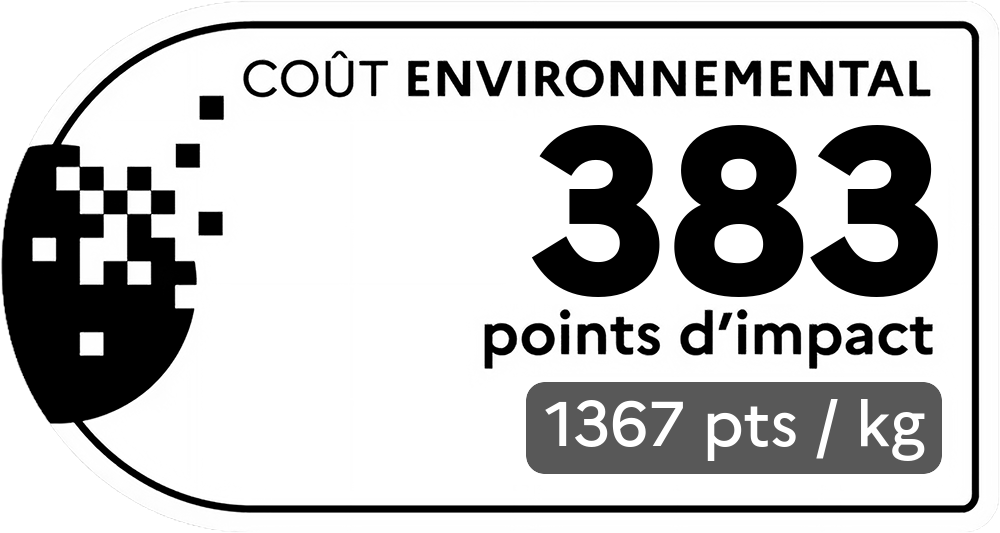 Coût environnemental : 383 points d'impact (détail : 1367 pts / kg). Plus le score est bas, plus l'impact sur l'environnement est faible.