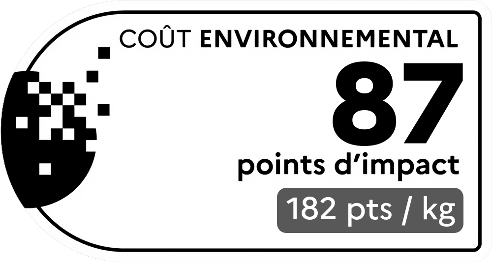 Coût environnemental : 385 points d'impact (détail : 385 pts / kg). Plus le score est bas, plus l'impact sur l'environnement est faible.