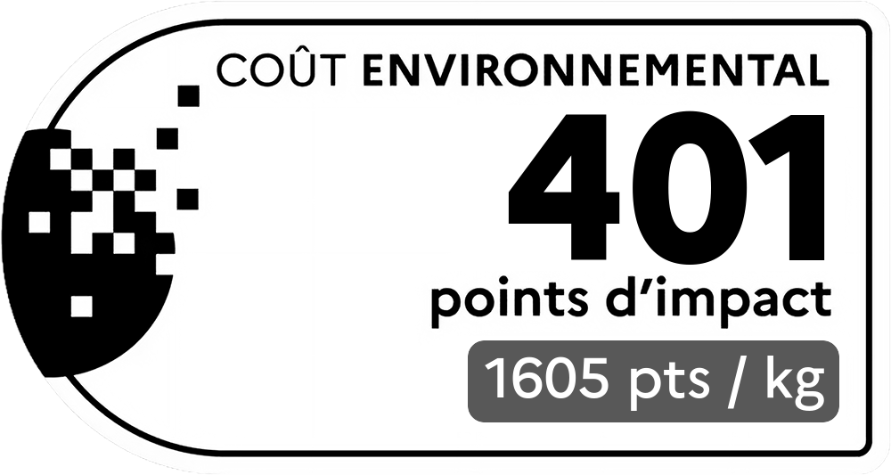Coût environnemental : 401 points d'impact (détail : 1605 pts / kg). Plus le score est bas, plus l'impact sur l'environnement est faible.