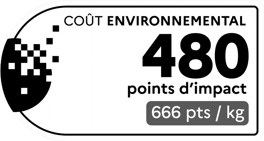 Coût environnemental : 409 points d'impact (détail : 1021 pts / kg). Plus le score est bas, plus l'impact sur l'environnement est faible.
