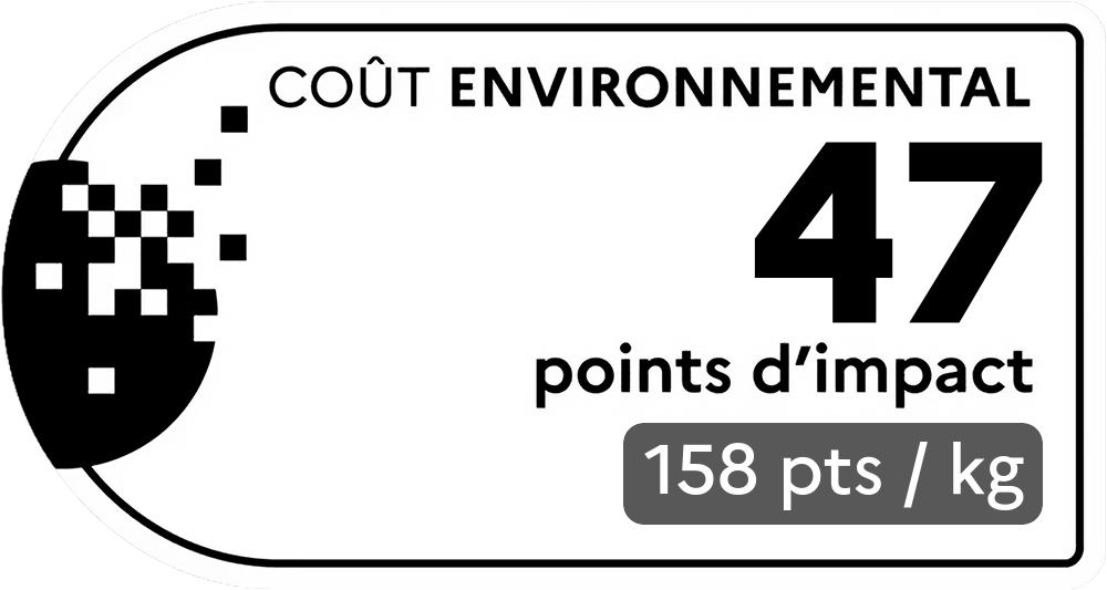 Coût environnemental : 47 points d'impact (détail : 158 pts / kg). Plus le score est bas, plus l'impact sur l'environnement est faible.
