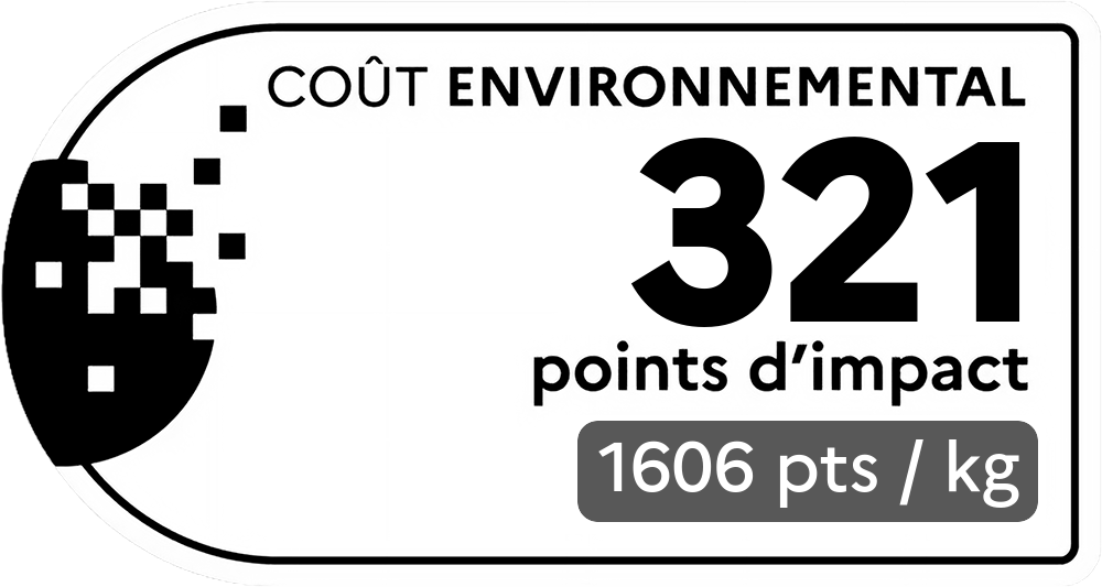 Coût environnemental : 477 points d'impact (détail : 1363 pts / kg). Plus le score est bas, plus l'impact sur l'environnement est faible.