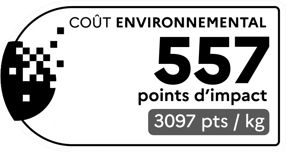 Coût environnemental : 557 points d'impact (détail : 3097 pts / kg). Plus le score est bas, plus l'impact sur l'environnement est faible.
