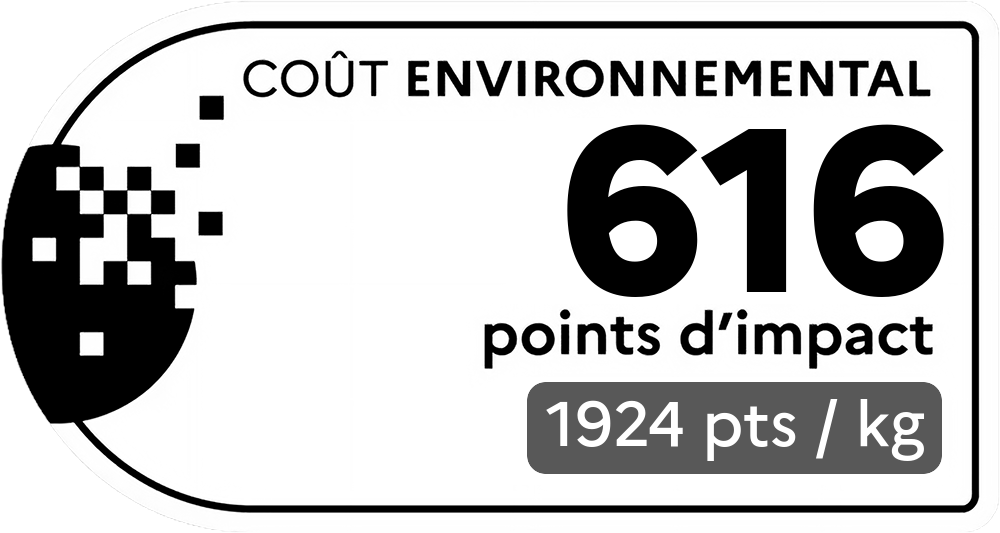 Coût environnemental : 616 points d'impact (détail : 1924 pts / kg). Plus le score est bas, plus l'impact sur l'environnement est faible.