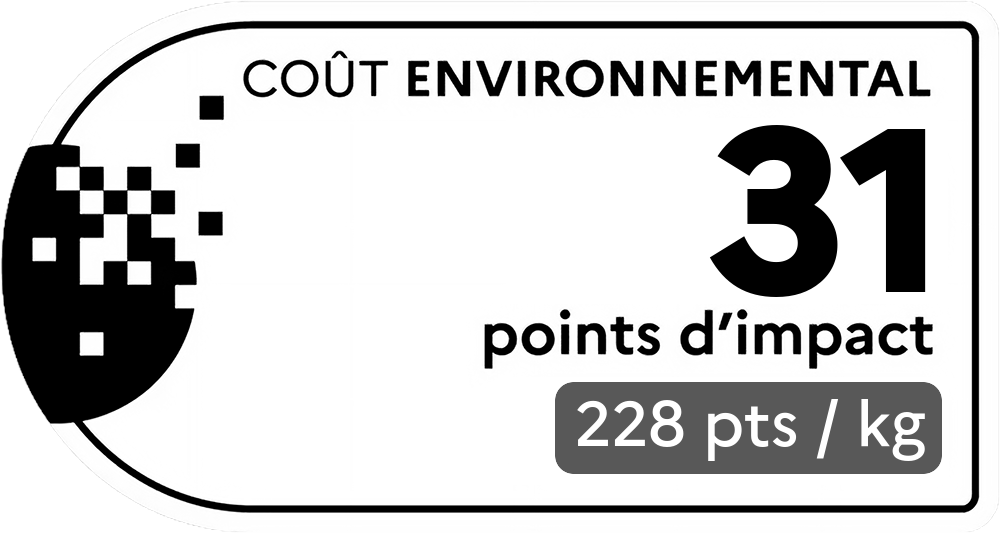 Coût environnemental : 65 points d'impact (détail : 324 pts / kg). Plus le score est bas, plus l'impact sur l'environnement est faible.