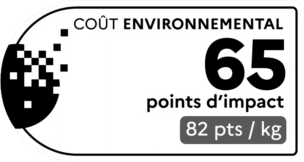 Coût environnemental : 65 points d'impact (détail : 82 pts / kg). Plus le score est bas, plus l'impact sur l'environnement est faible.