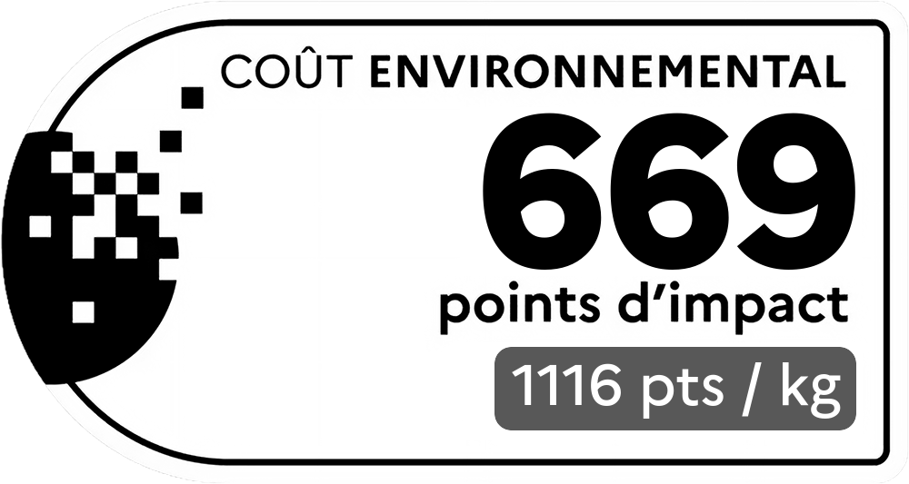 Coût environnemental : 669 points d'impact (détail : 1116 pts / kg). Plus le score est bas, plus l'impact sur l'environnement est faible.