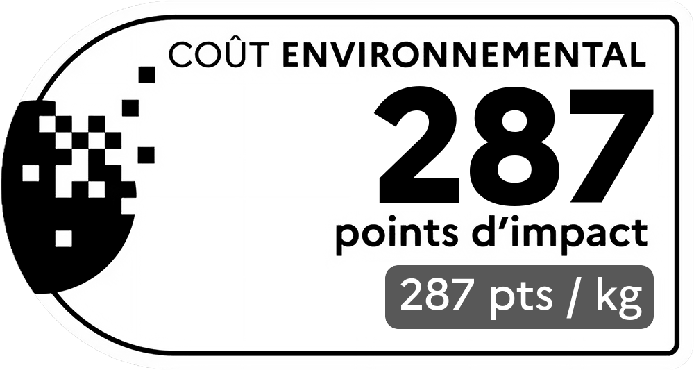 Coût environnemental : 75 points d'impact (détail : 249 pts / kg). Plus le score est bas, plus l'impact sur l'environnement est faible.