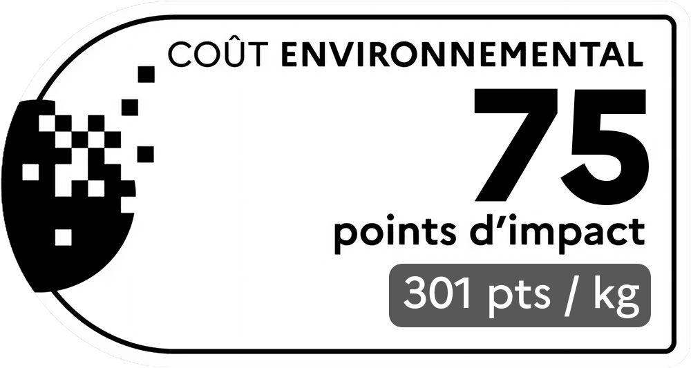 Coût environnemental : 75 points d'impact (détail : 301 pts / kg). Plus le score est bas, plus l'impact sur l'environnement est faible.
