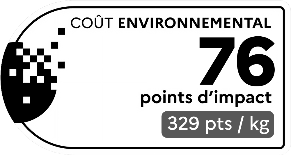Coût environnemental : 76 points d'impact (détail : 329 pts / kg). Plus le score est bas, plus l'impact sur l'environnement est faible.