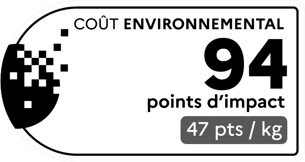 Coût environnemental : 94 points d'impact (détail : 47 pts / kg). Plus le score est bas, plus l'impact sur l'environnement est faible.